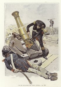 En soldat inspicerer en kanon ved siden af liget af den døde soldat af Felicien baron de Myrbach-Rheinfeld