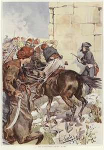 En soldat sigter sin riffel, da han bliver angrebet af Felicien baron de Myrbach-Rheinfeld