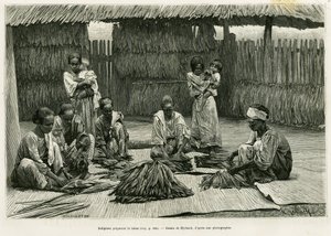 Oprindelige mennesker, der laver tobak. Gravering af Myrbach til illustration af historien Lucon og Palaouan, seks år i Filippinerne, af Alfred Marche (1844-1898), i le tour du monde 1886, instrueret af Edouard Charton (1807-1890), Hachette, Paris. af Felicien baron de Myrbach-Rheinfeld