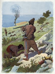 Robinson Crusoe dræber de vilde, der jagter fredag.