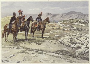 Soldater på hesteryg ved opmåling af Nicopolis af Felicien baron de Myrbach-Rheinfeld