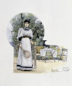 Ung kvinde på en tennisbane - gravering, slutningen af det 19. århundrede af Felicien baron de Myrbach-Rheinfeld