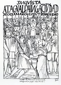 Diego de Almagro, Francisco Pizarro og broder Vicente de Valverde knæler foran Atahualpa Inca ved Cajamarca