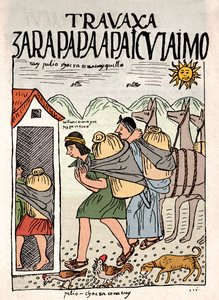 Inkariget: Inka-bønder, der arbejder på markerne i juli - Blæktegning fra Don Felipe Puma de Ayalas manuskript "Ny krone og god regering", der illustrerer inkaernes liv, omkring 1587 Lima, Nationalmuseet for antropologi, arkæologi og historie d af Felipe Huaman Poma de Ayala
