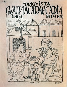 Inkaer fra Cuzco og engelsk conquistador modtager gaver i bytte for inkakejser Atahualpas frihed (blæktegning af Felipe Huaman Poma de Ayala