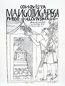 Manco Inca forsøger at brænde inkapaladset Cuyus Mango, som var blevet omvendt til kristen tilbedelse, men Gud griber ind (træsnit) af Felipe Huaman Poma de Ayala