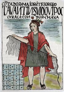 Quipu (Quipo Quipou) Inca-regnskabssystem i reb og knob, inkakultur 1400-1532 e.Kr., manuskript af Felipe Guaman Puma de Ayala (New Chronicle and Good Government), indisk klummeskribent fra det 16. århundrede.
