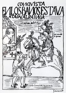 Sebastian de Benalcazar og Hernando Pizarro konfronterer Atahualpa Inca ved Royal Baths i Cajamarca (træsnit) af Felipe Huaman Poma de Ayala