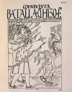 Erobringen af Cuzco af de spanske conquistadorer i 1533 (blæktegning af Felipe Huaman Poma de Ayala
