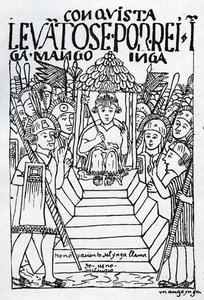 Den nykronede Manco Inca på tronen i Cuzco (træsnit) af Felipe Huaman Poma de Ayala