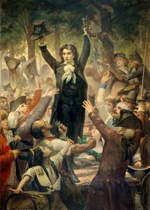 Camille Desmoulins (1760-1794) forhastede patrioterne i haverne til Palais Royal Premiere-scenen for den franske revolution i Paris: den 12/07/1789, efter kongens afskedigelse af Jacques Necker, plagede Camille Desmoulins publikum på Palais Royal