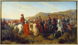 Erobring af Algeriet (1830-1847): Episode af Algeriets felttog i 1840 - hertugen af Orleans Ferdinand Philippe (Ferdinand-Philippe) (1810-1842), søn af kong Louis Philippe (Louis-Philippe) 1., giver frihed til to arabiske fanger nær lejren Bl