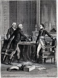 Første drøftelse af de tre konsuler i Peer-Luxembourg - Napoleon Bonaparte, Emmanuel Joseph Sieyes og Pierre Roger-Ducos 1799 - Gravering af Barbant, efter Philippoteaux - Første konsulat, 24. Frimaire VIII (15. december 1799), første møde i 1.