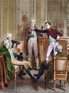 Den første konsul Bonaparte taler med matematikeren Gaspard Monge - Diskussion entre Bonaparte, Premier Consul, et Gaspard Monge (1746-1818) gravering af Felix Philippoteaux (1815-1884).