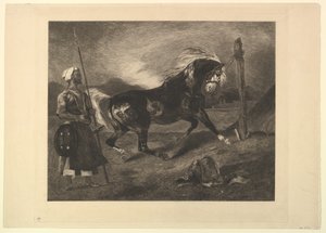 Arabisk hest på spil, efter Delacroix, 1857.