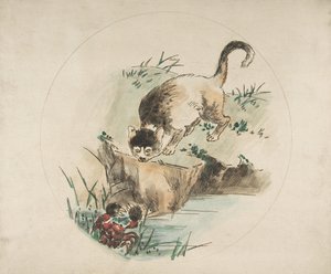 Dekoration til en tallerken: En kat på jagt efter en krabbe, 1850-1914. af Felix Bracquemond