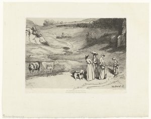 Unge kvinder giver penge til hyrdinden i kuperet landskab Les demoiselles du villages (titel på objektet)