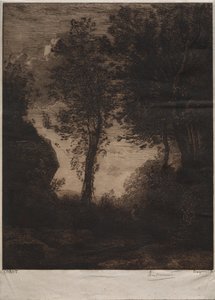 Landskab: Solnedgang, efter Corot, ca. 1858. af Felix Bracquemond