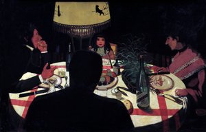 Aftensmad, lampeeffekt. Repræsentation af maleren omgiver hans kone og smukke børn. Maleri af Felix Vallotton (1865-1925) Ec. Følge efter af Felix Edouard Vallotton