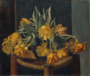 Dobbelte gule tulipaner på en kurvestol, 1923 af Felix Edouard Vallotton
