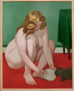 Krøjende kvinde tilbyder mælk til en kat af Felix Edouard Vallotton