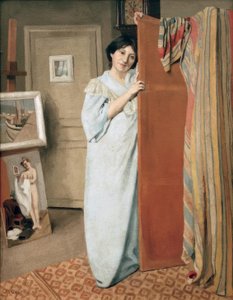 Værkstedsinteriør med kunstnerens kone af Felix Edouard Vallotton