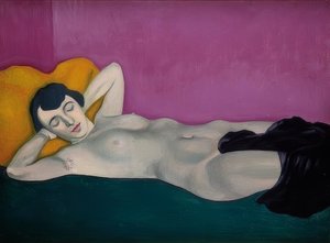 Kvinde liggende foran en violet baggrund. 1924 af Felix Edouard Vallotton