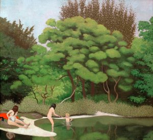 Solrigt underskovslandskab med to kvinder og et barn af Felix Edouard Vallotton