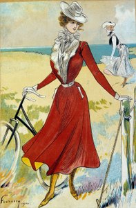 Fashion Belle Epoque: "" Den sporty"" Outfit af ung kvindelig cykelrytter. Illustration af Felix Fournery (1865-1938) Paris fra det 20. århundrede, dekorativ kunst