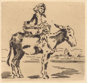 Cacoletière à la Tour Kvinde, der rider på en røv nær et tårn. af Felix Hilaire Buhot