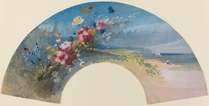 Fan med vilde blomster og sommerfugle mod Norman Coast, ca. 1875. af Felix Hilaire Buhot