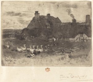Les Petites Chaumières (hytter med stråtækt - lille tallerken) af Felix Hilaire Buhot
