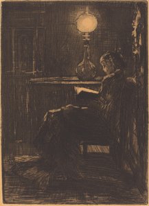 Lampelæser (Woman Reading by Lamplight) af Felix Hilaire Buhot