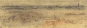 Havlandskab med en befæstet by til højre, øer til venstre og et sommerhus i forgrunden, c1882. af Felix Hilaire Buhot