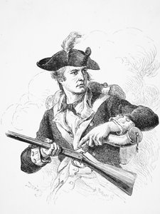 En amerikansk soldat brugte under uafhængighedskrigen sit pulverhorn til at prime panden på sin flintlåsmusket, indgraveret af A. Bollett (gravering) af Felix Octavius Carr (after) Darley