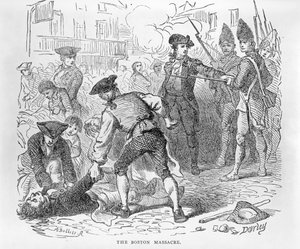 Boston-massakren, 5. marts 1770, indgraveret af A. Bollett