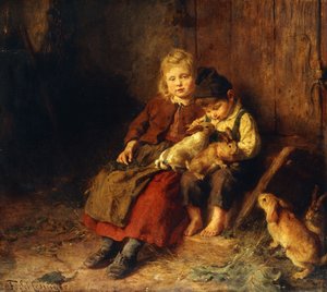 To børn leger med kaniner,