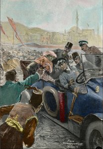 Mordet på Franz Ferdinand (1863-1914) ærkehertug af Østrig og hans kone Sophie i Sarajevo (stik)