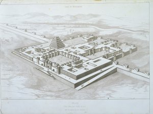 Khorsabad Palace, historisk udsigt fra sydøst med en del af de befæstede mure, illustration fra 