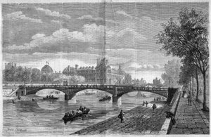 Arkitektur: udsigt over Solferino-broen i Paris. Bygget af ingeniør Paul Martin Gallocher de Lagalisserie (1805-1871) og indviet i 1861, blev det demoleret i 1960 og erstattet af Senghor-broen (Solferino-broen). Stik af Felix Thorigny i
