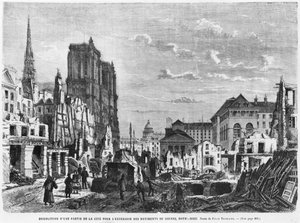 Paris, nedrivning af en del af Cite for at udvide bygningerne i det nye Hotel-Dieu, indgraveret af Charles Barbant (d.1922)