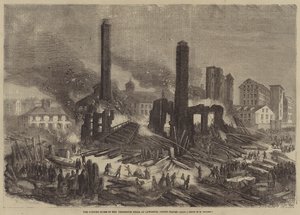 De brændende ruiner af Pemberton Mills i Lawrence, USA