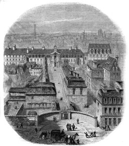 Udsigt over Gobelins gobelinfabrikken i Paris med Capuchins-klosteret, observatoriet og dronningen Blanches slot. Stik af Thorigny