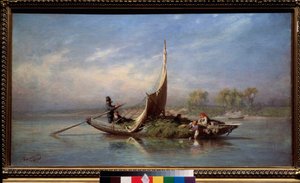 Familie i en båd (transport af foder i en sejlbåd) - Familie i en båd - Maleri af Fjodor Vasilyev (Feodor Alexandrovich, Fiodor Alexandrovitch Vasiliev (1850-1873), olie på lærred