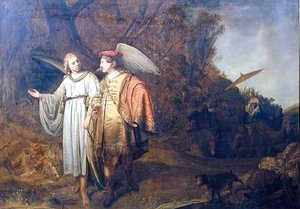 Tobias og englen Gabriel (olie på linned) af Ferdinand (attr.) Bol