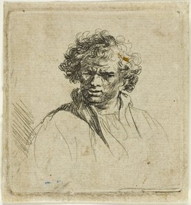 Mand med krøllet hoved med skæv mund af Ferdinand Bol