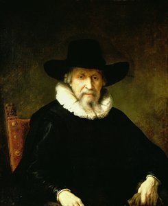 Portræt af en herre iført ryg og mørkt tøj med bredskygget hat af Ferdinand Bol