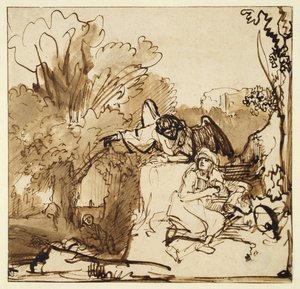 Englen, der viser sig for Hagar og Ismael (pen og blæk og vask på papir) af Ferdinand Bol