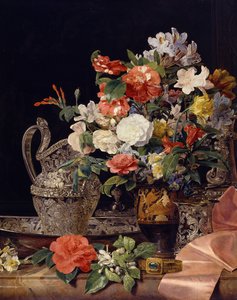 Blomsterbuket med sølvkar og antik vase af Ferdinand Georg Waldmüller