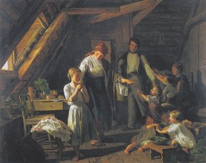 Forældrenes afsked - det ældste barn tager sig af brødre og søstre i forældrenes fravær. af Ferdinand Georg Waldmuller